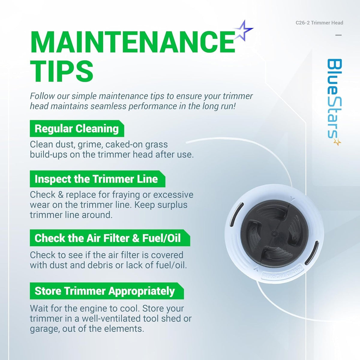 Infographic showing maintenance tips for the C26-2 dual line trimmer head compatible with Stihl trimmers.
