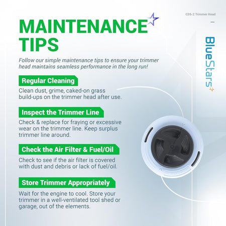 Infographic showing maintenance tips for the C26-2 dual line trimmer head compatible with Stihl trimmers.