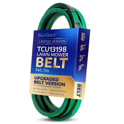 TCU13198 green replacement deck belt for John Deere ZTrak mowers in BlueStars branded retail packaging.