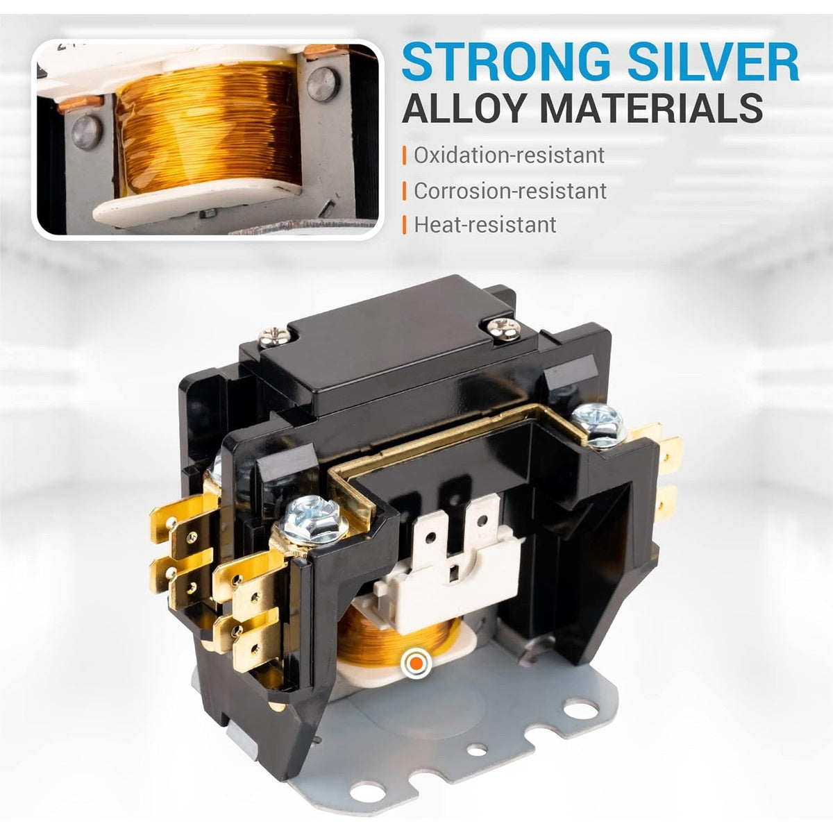 C130A 1 pole 30 amp contactor with silver alloy coil and heat-resistant construction.