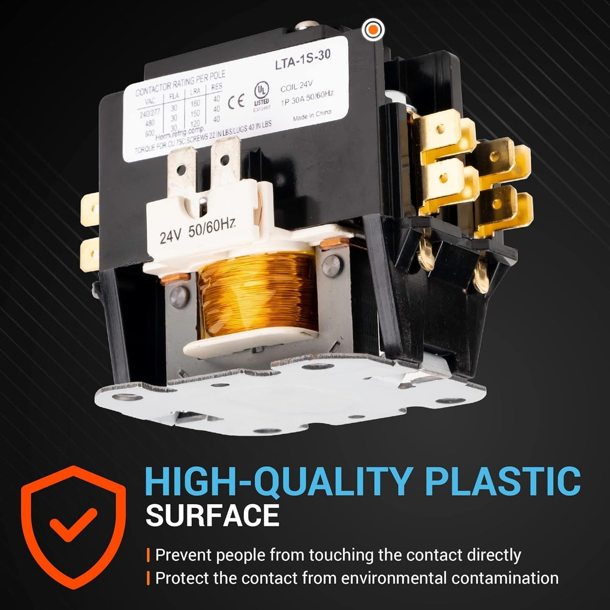 C130A 1 pole 30 amp contactor with 24VAC coil showing high-quality plastic housing and copper wire winding.