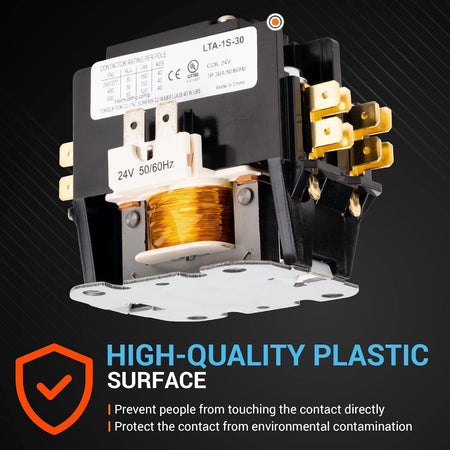 C130A 1 pole 30 amp contactor with 24VAC coil showing high-quality plastic housing and copper wire winding.