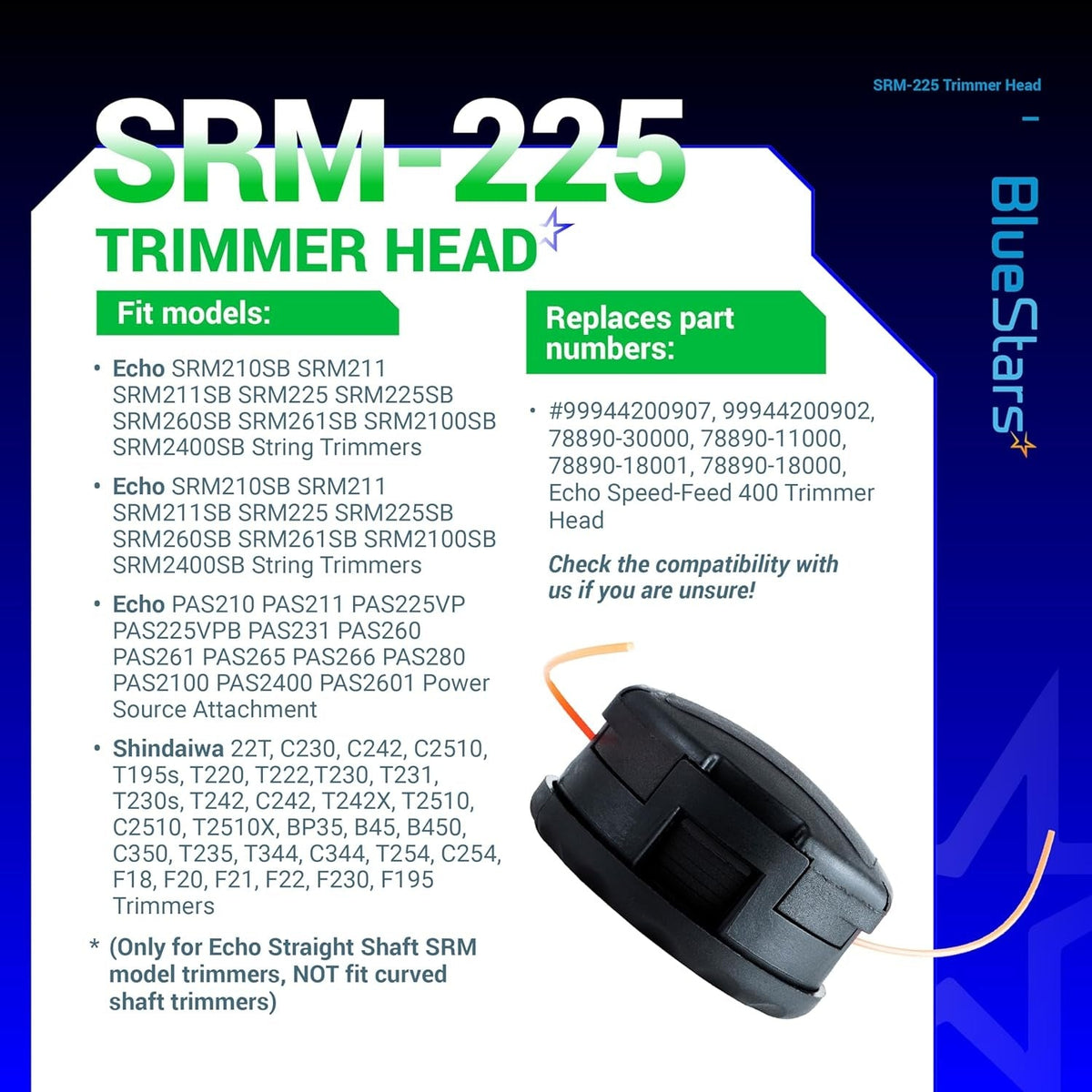 Informational graphic for SRM-225 Speed Feed 400 trimmer head showing compatibility list and replacement part numbers.