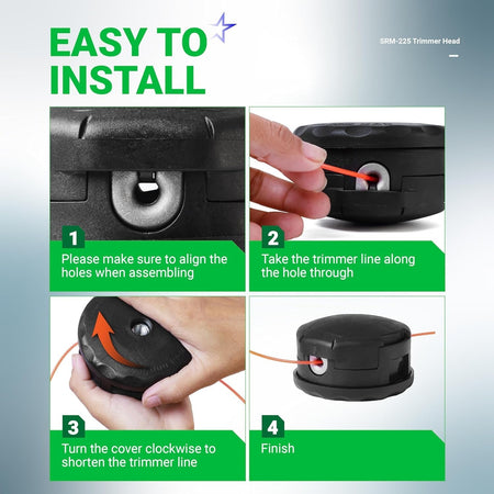Instructional graphic showing 4 steps to install trimmer line into an Echo SRM-225 Speed Feed 400 trimmer head.