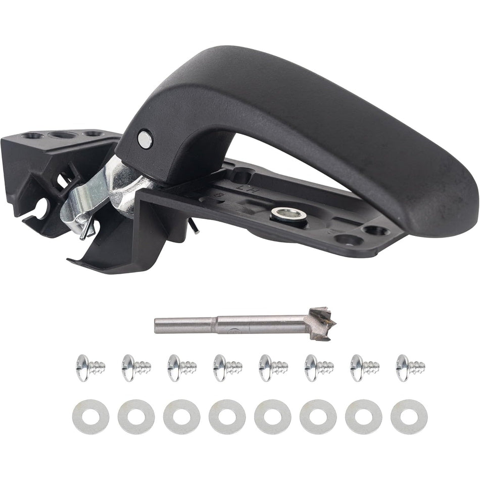 Driver side interior door handle with installation hardware, drill bit, screws, and washers.