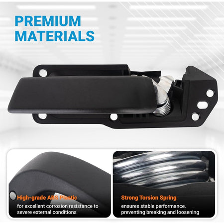 Black driver side interior door handle showing ABS plastic construction and durable torsion spring mechanism.