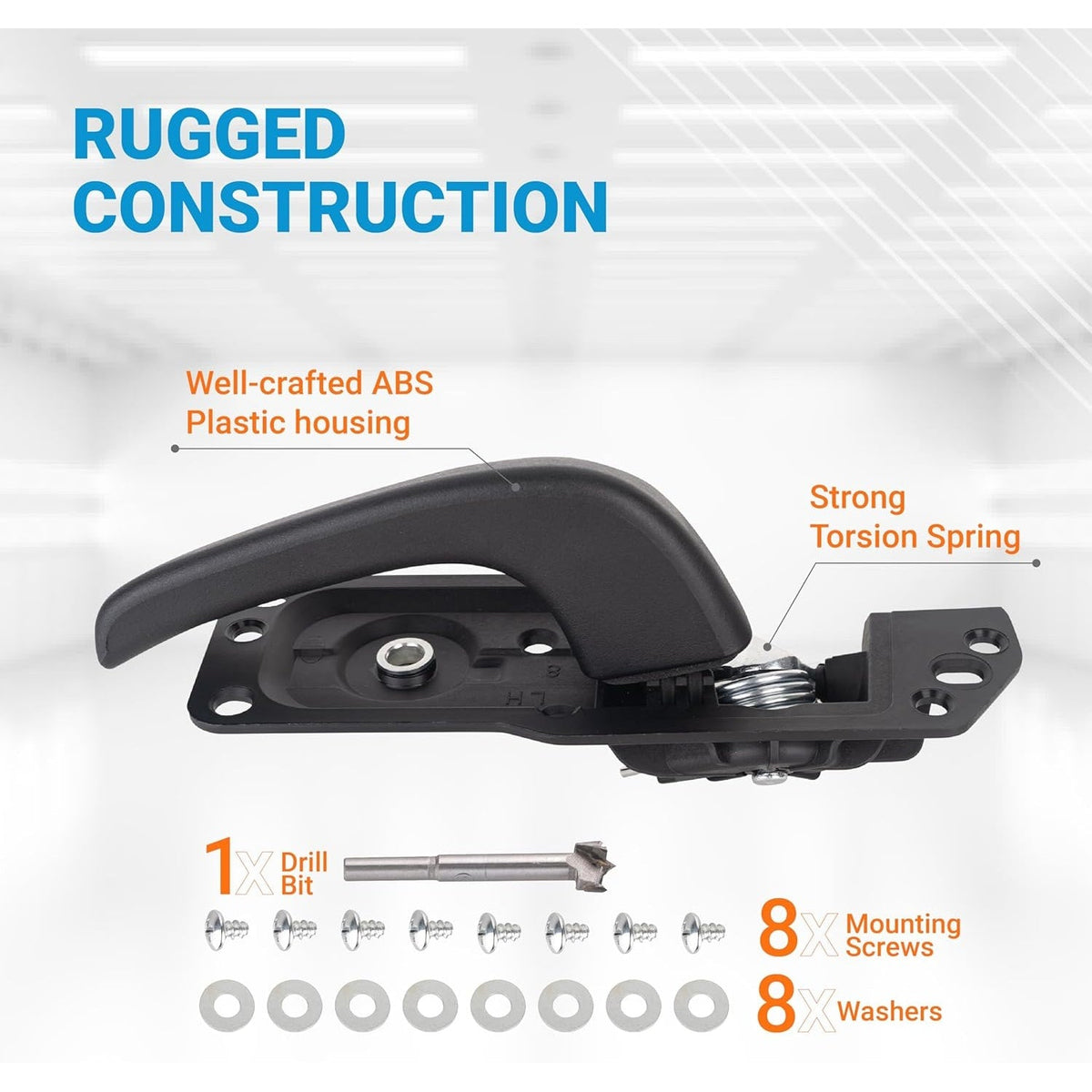 Driver side interior door handle kit with ABS housing, torsion spring, drill bit, screws, and washers.