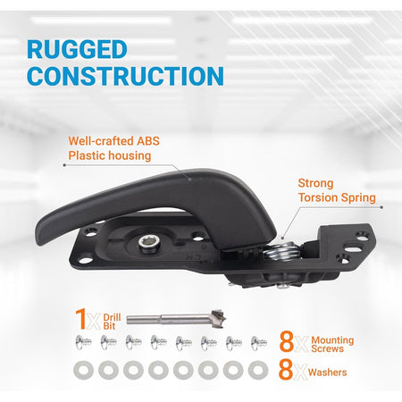 Driver side interior door handle kit with ABS housing, torsion spring, drill bit, screws, and washers.