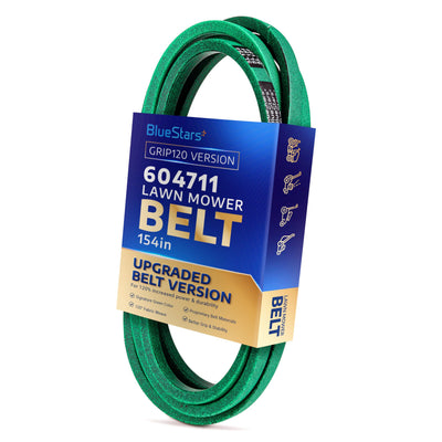 Green 154-inch replacement deck belt for Hustler and Big Dog lawn mowers in branded BlueStars packaging.