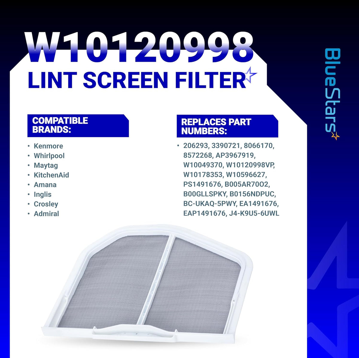 W10120998 dryer lint screen filter with compatibility and replacement part number information chart.