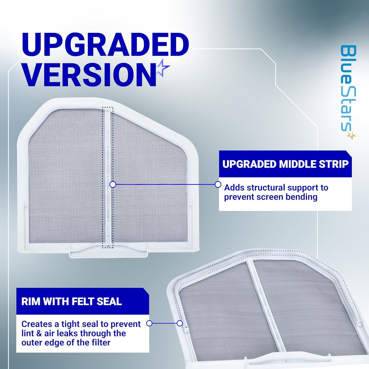 W10120998 dryer lint screen filter showing upgraded middle support strip and felt seal for improved structural integrity.
