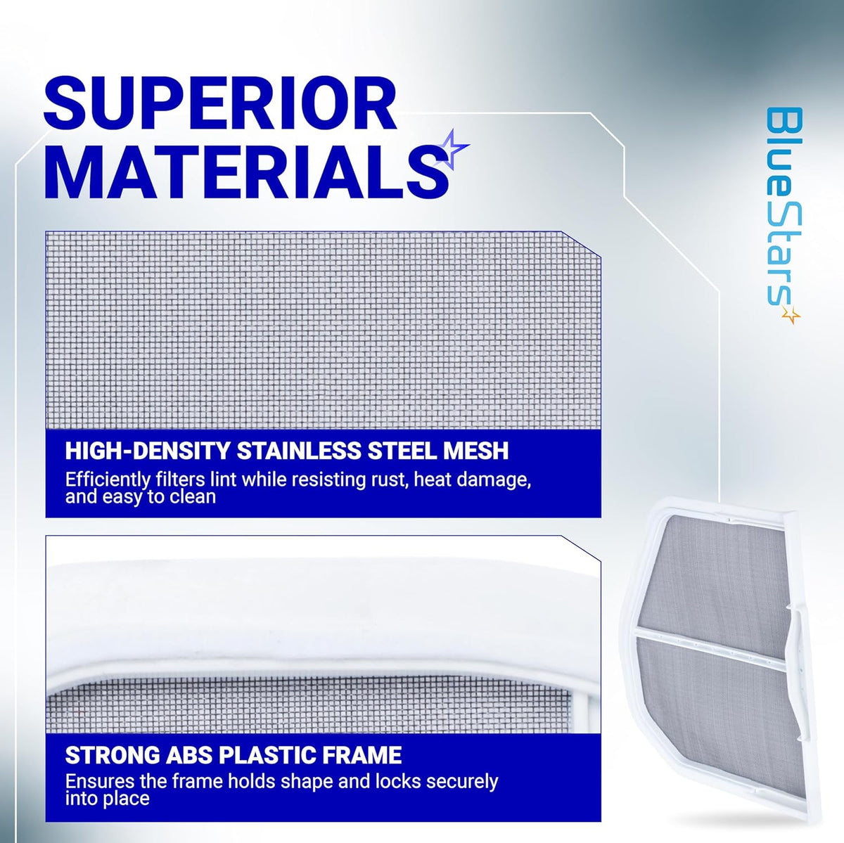 Infographic showing W10120998 dryer lint screen filter with stainless steel mesh and durable ABS plastic frame details.