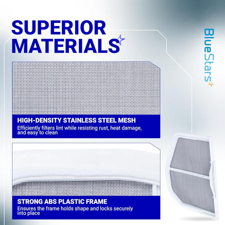 Infographic showing W10120998 dryer lint screen filter with stainless steel mesh and durable ABS plastic frame details.