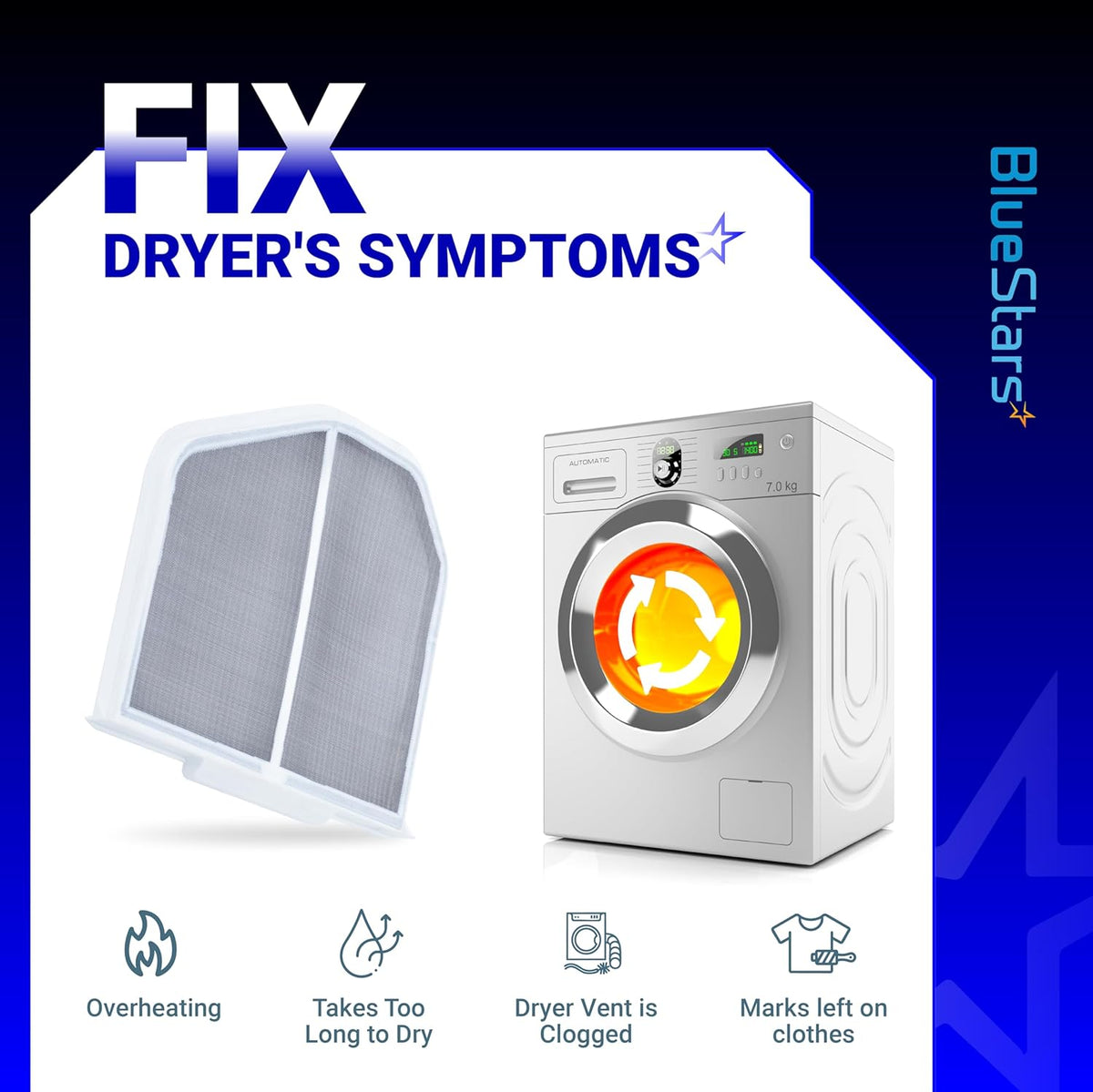W10120998 dryer lint screen filter infographic showing common dryer symptoms like overheating and long drying times.