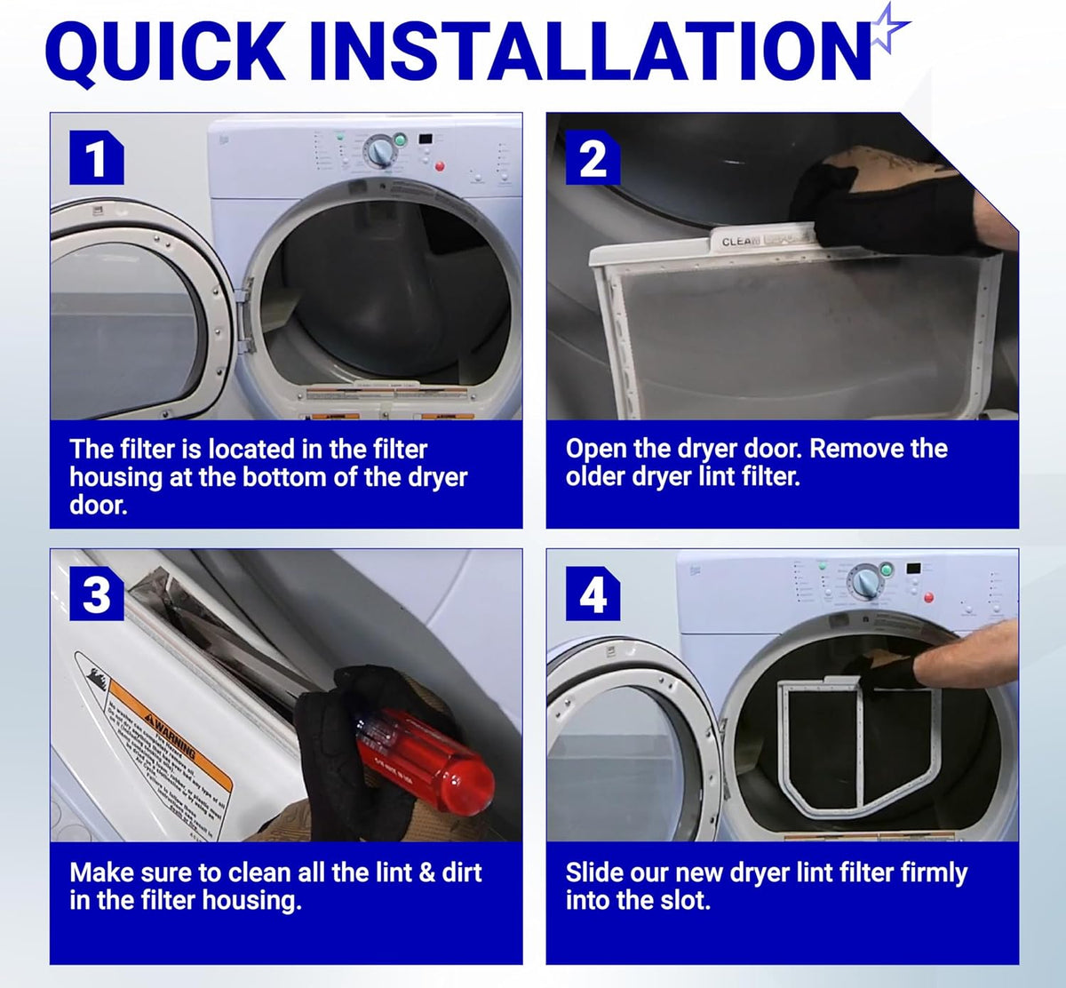 Four-step installation guide for W10120998 dryer lint screen filter showing removal and replacement process.