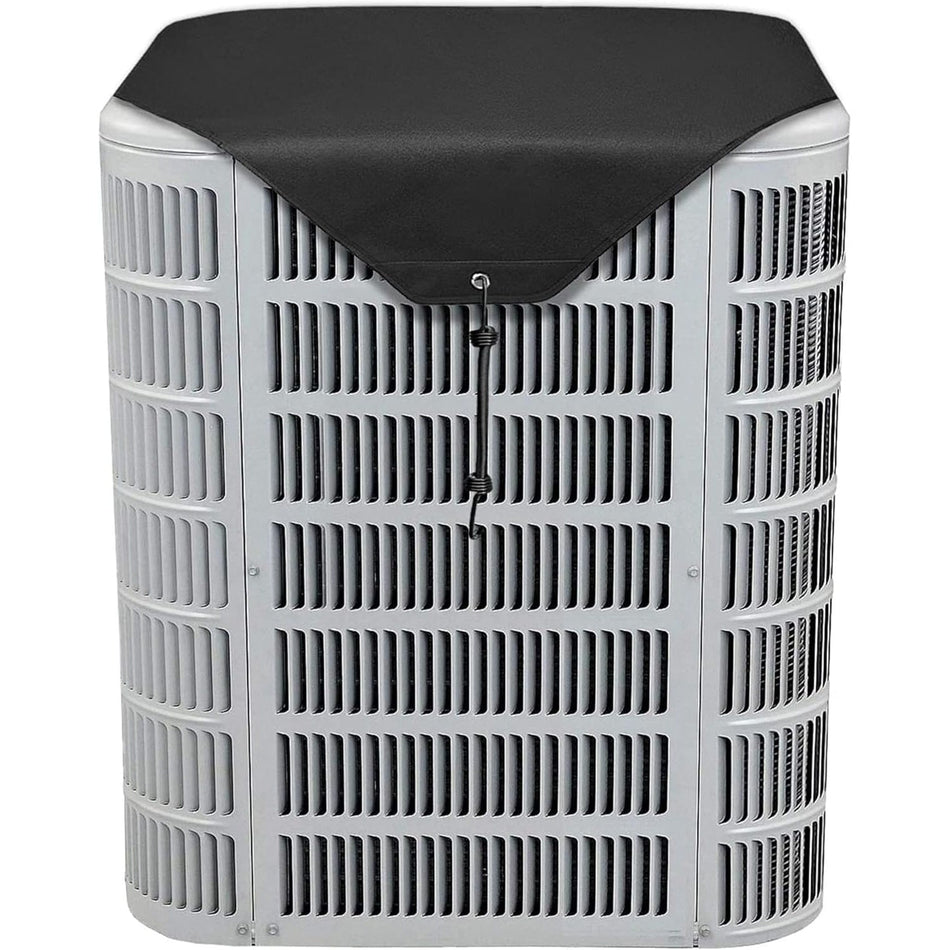 Black 32x32 inch 600D Oxford central air conditioner top cover installed on an outdoor AC unit.