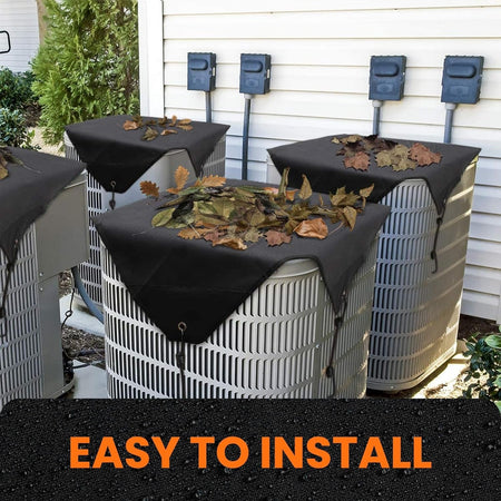Black 600D Oxford central air conditioner covers installed on outdoor AC units with leaves on top.