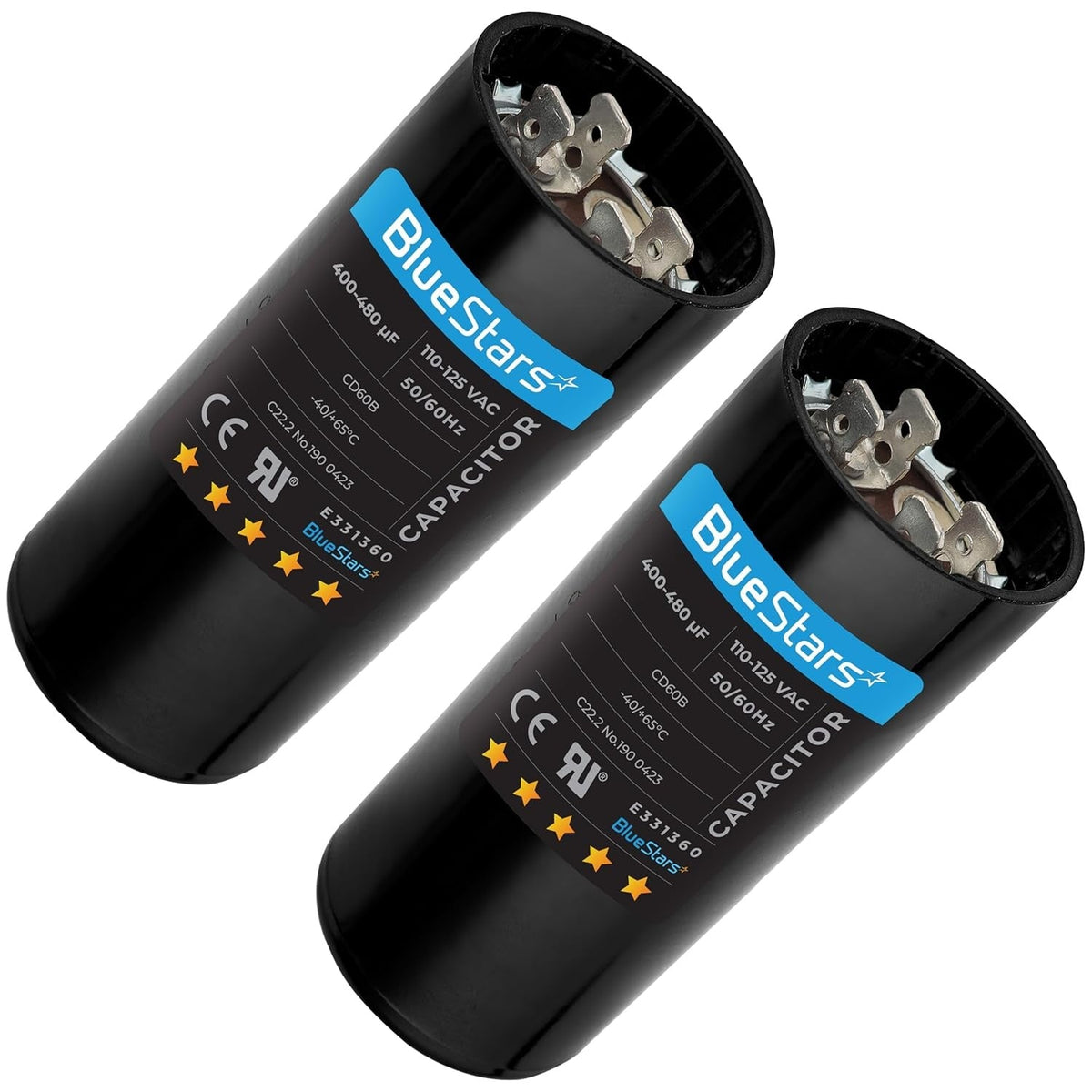 Two 400-480 uF 110-125 VAC round motor start capacitors with BlueStars branding.