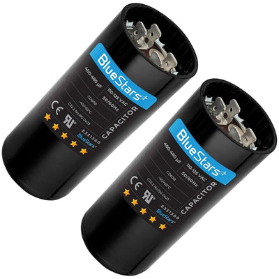 Two 400-480 uF 110-125 VAC round motor start capacitors with BlueStars branding.