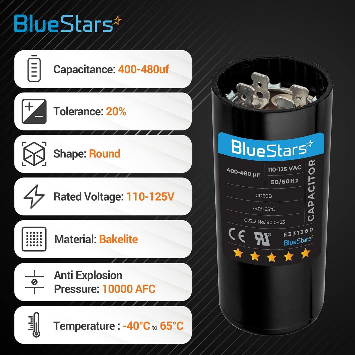 BlueStars 400-480 uF 110-125 VAC round motor start capacitor with technical specification infographic.