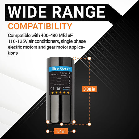 400-480 uF 110-125 VAC round motor start capacitor with 3.38 inch height and 1.4 inch diameter dimensions.