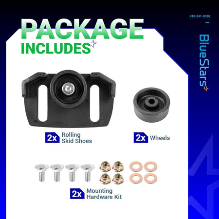 Universal snow blower rolling skid shoes, wheels, and mounting hardware kit components.