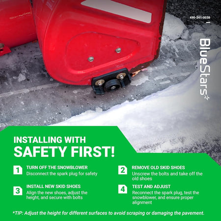 Universal snow blower rolling skid shoe installed on a red snow blower housing with installation instructions.