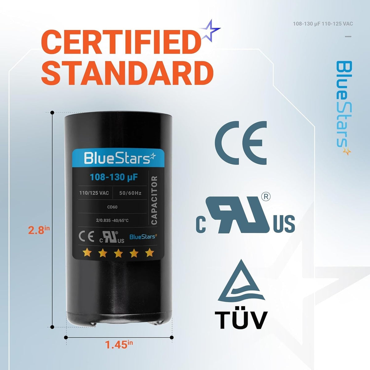 Single CD60 round start capacitor with 108-130 uF and 110-125 VAC specifications showing dimensions and certifications.
