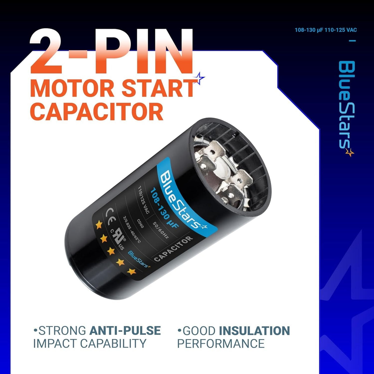 Single 108-130 uF 110-125 VAC CD60 round motor start capacitor with 2-pin terminal connection.