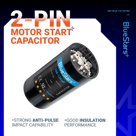 Single 108-130 uF 110-125 VAC CD60 round motor start capacitor with 2-pin terminal connection.