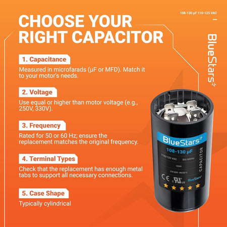 Infographic showing CD60 round start capacitor specifications for pool and well pump motors.