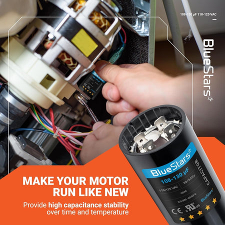 Close-up of a 108-130 uF CD60 round start capacitor being installed into a motor for pool and well pump repair.