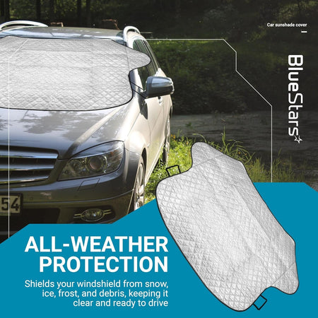Large 56" x 39" windshield cover for ice and snow installed on a car windshield for all-weather protection.