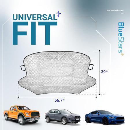 Large windshield cover for ice and snow with 56.7 x 39 inch dimensions and universal fitment diagram.
