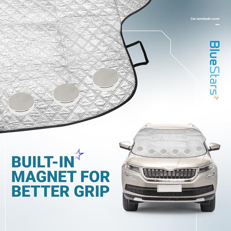Large windshield cover for ice and snow featuring built-in magnets for secure attachment to car hood.