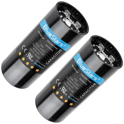Two 161-193 uF 220-250 VAC round start capacitors for air conditioners.