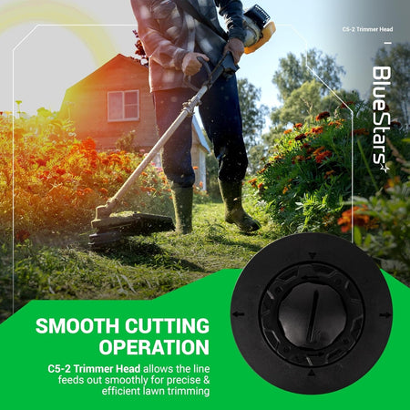 C5-2 feed trimmer head shown in a lifestyle graphic for Stihl grass trimmers.
