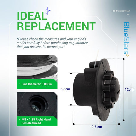 C5-2 feed trimmer head dimensions and specifications diagram showing 0.095in line diameter and M8x1.25 female thread.