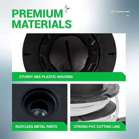 Close-up infographic showing C5-2 trimmer head material details including ABS housing, metal parts, and cutting line.