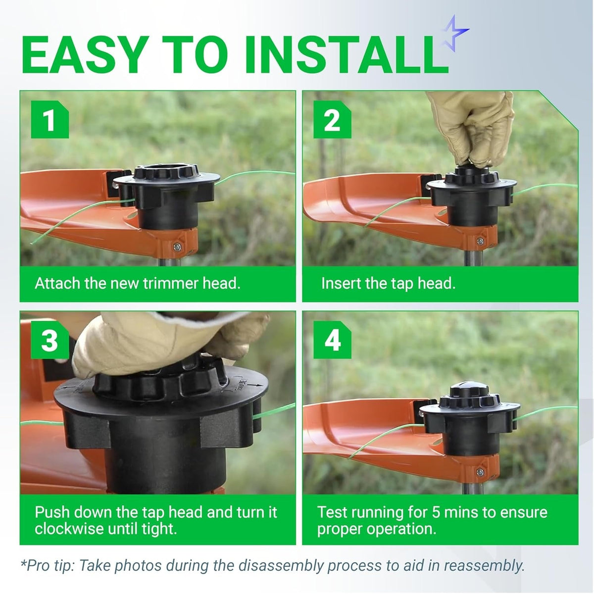 Four-step installation guide for C5-2 feed trimmer head on Stihl grass trimmers.