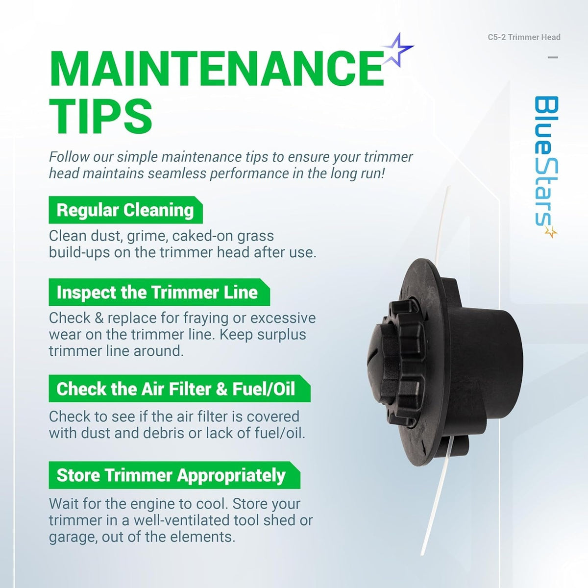 Infographic showing maintenance tips for C5-2 feed trimmer head compatible with Stihl trimmers.