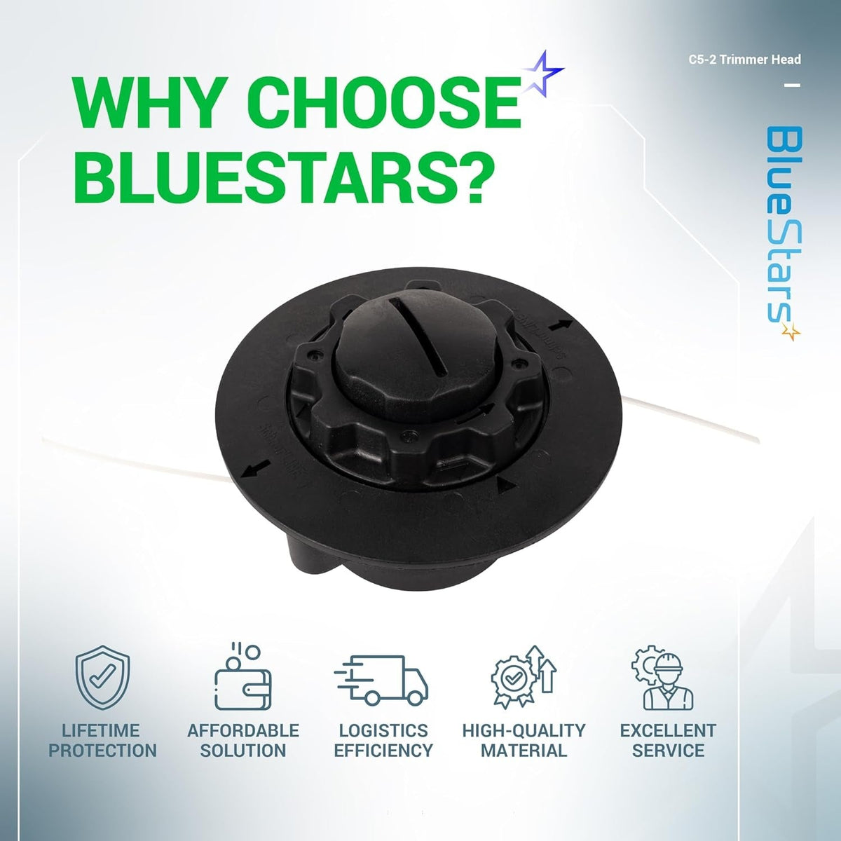 BlueStars C5-2 feed trimmer head replacement for Stihl string trimmers shown on a promotional brand infographic.