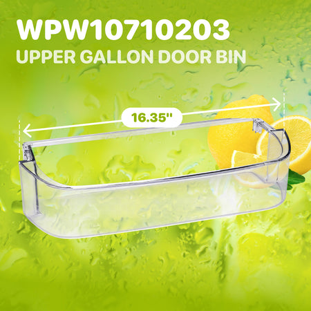 WPW10710203 Refrigerator Gallon Door Shelf Bin with a dimension diagram showing 16.35-inch width