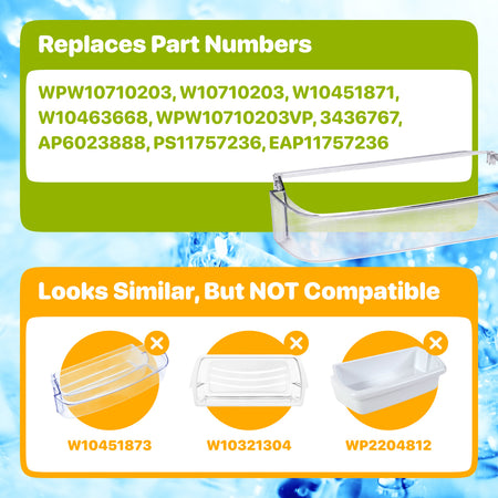 WPW10710203 Refrigerator Gallon Door Shelf Bin, replacement part numbers and similar but incompatible bins comparison graphic