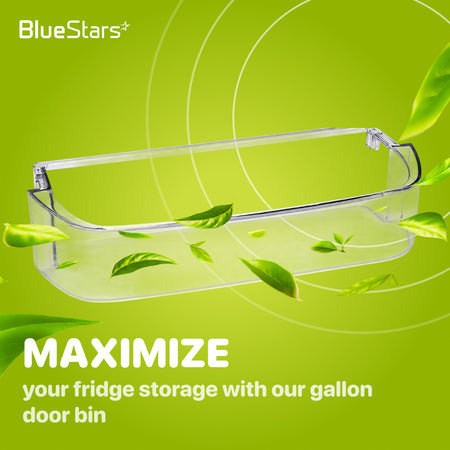 WPW10710203 Refrigerator Gallon Door Shelf Bin shown against a green background with promotional storage text