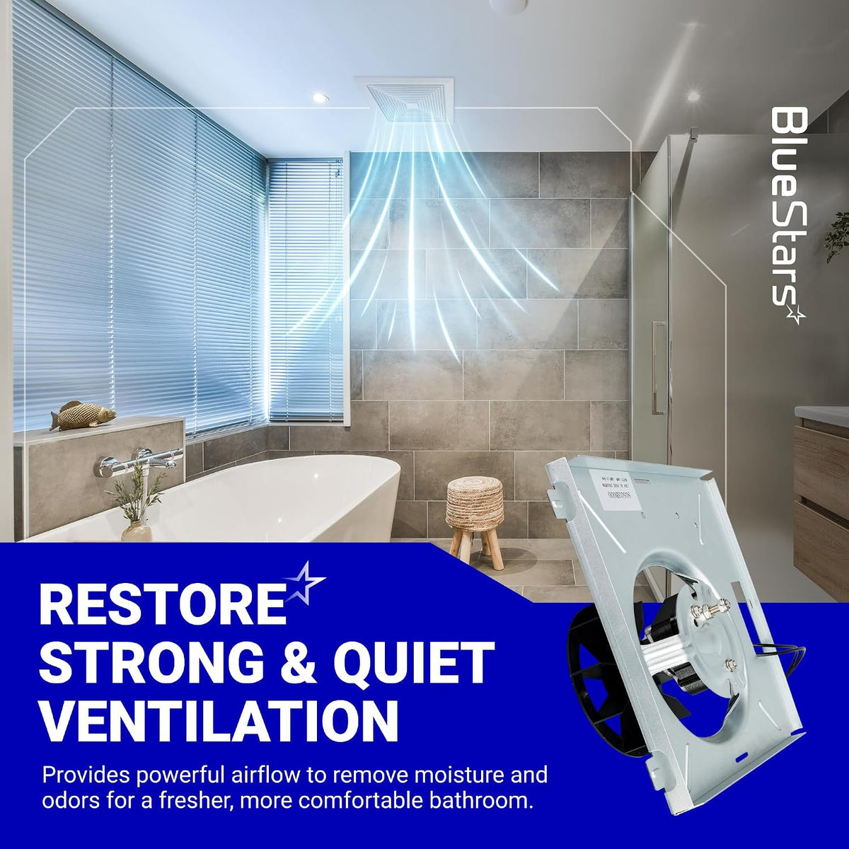 S0503B000 9x9 bathroom fan motor assembly shown over a bathroom scene with airflow graphic and ventilation text