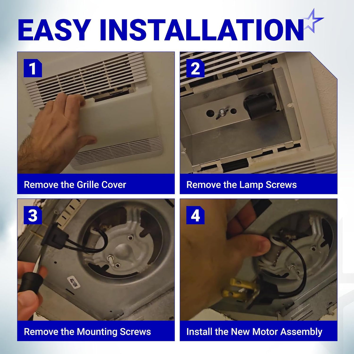 S0503B000 9x9 Bathroom Fan Motor Assembly, four-step guide showing grille, lamp and screw removal, then motor installation