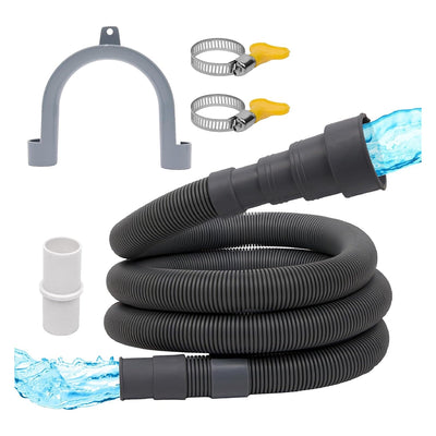 6-foot flexible corrugated drain hose kit for dishwasher and washing machine with adapter, clamps, and U-bend holder.