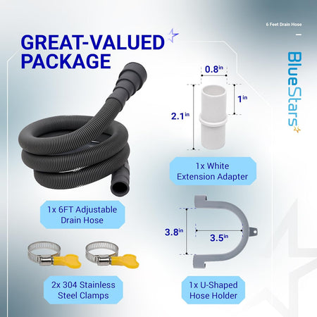 6-foot universal dishwasher and washing machine drain hose kit with extension adapter, clamps, and U-bend holder.