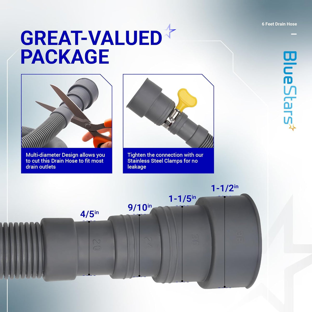 Infographic showing multi-diameter universal drain hose with cutting guide and stainless steel clamp installation.